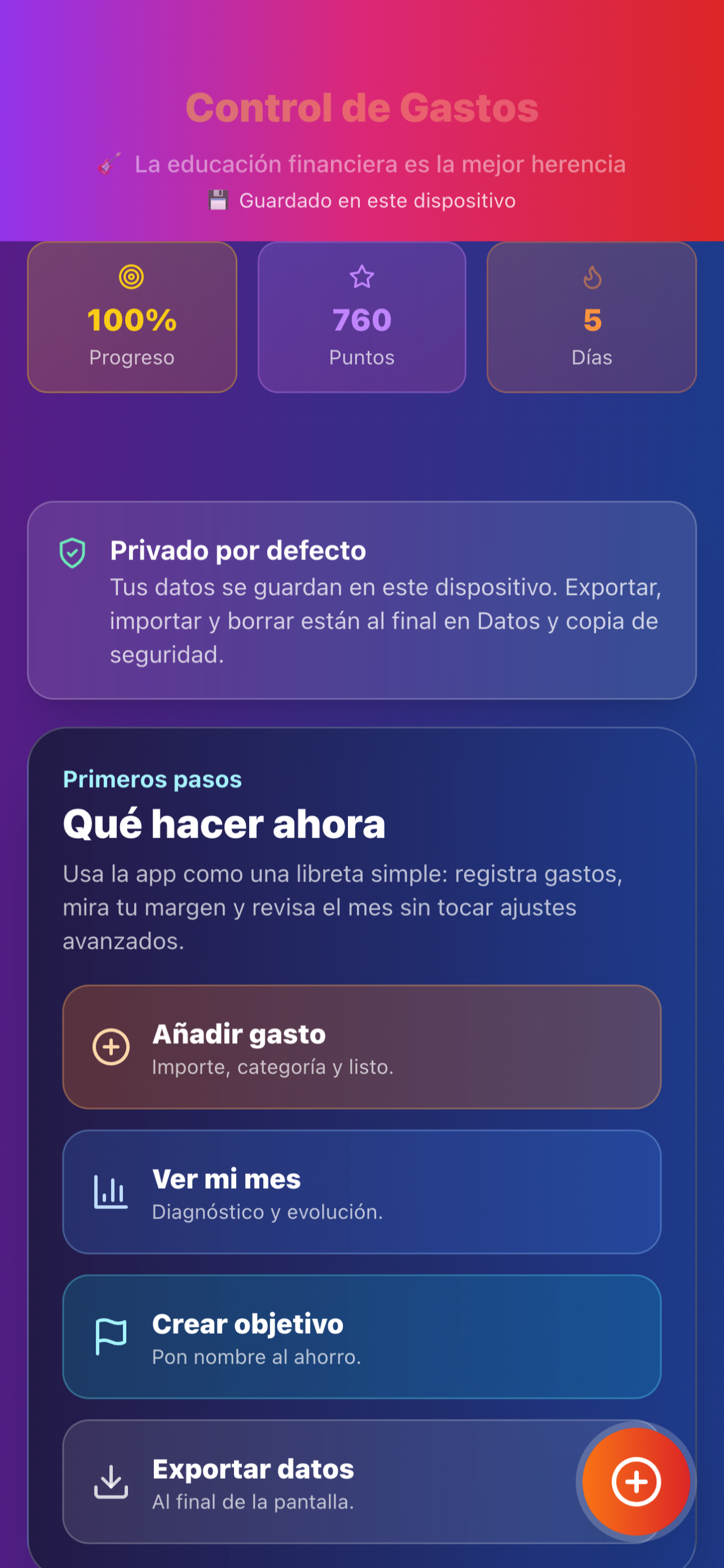Pantalla de FinanzasFacil con resumen de dinero tranquilo y objetivos